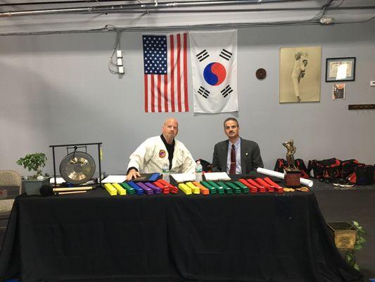 Master Mike and Grandmaster Fred Kouefati right before the next Taekwondo Test.