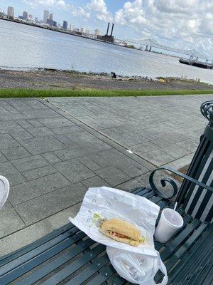 Short drive to Gretna with my grilled shrimp poboy and sweet tea from Cajunland.