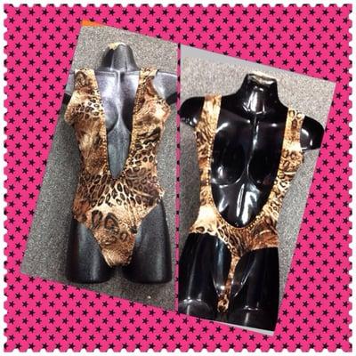 One of our New Hot Animal print one piece Outfits. Sexy on the Beach or Club. Comes in both Thong bottom or Skrung Butt.