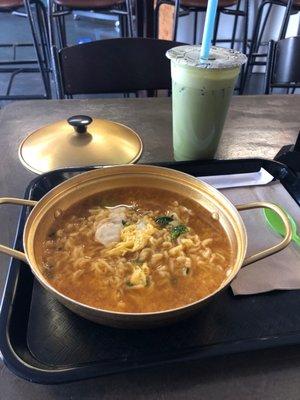 Veggie ramen with egg (extra) and matcha milk tea