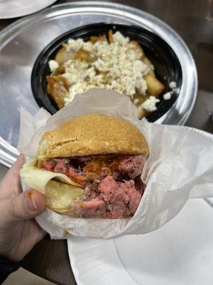 Gluten free roast beef three way with Greek fries