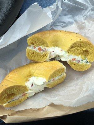 Egg bagel with veggie cream cheese! Delicious!