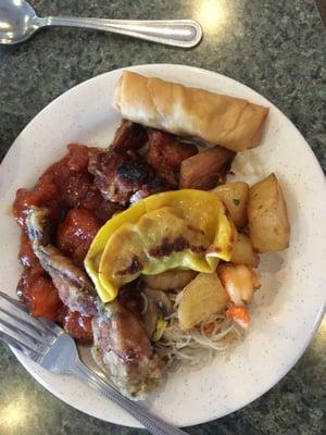 My fiance's favorites. Honey chicken spring roll potsticker frog leg and shrimp.