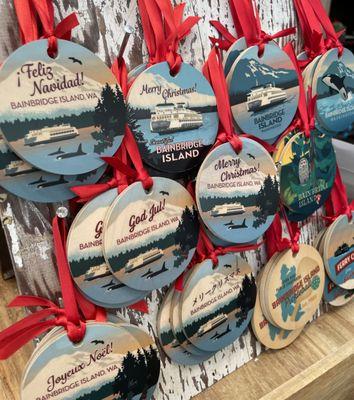 See our wide variety of Bainbridge ornaments, designed in-house and printed on the island.