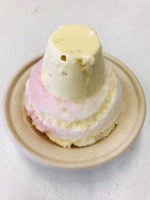 Fresh fruit shave ice Guava and Lychee with Vanilla Ice Cream, Custard Pudding and Condensed Milk at ALOHA SHAVE ICE