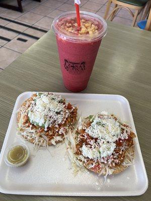 Chicken Tostadas and all-fruit smoothie (strawberry, banana, mango).