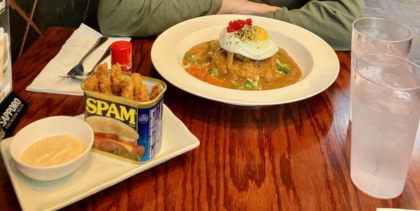 Curry loco moco and Spam fries