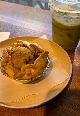 Steak and potato pot pie and matcha strawberry latte. Amazing!