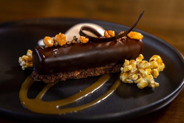 Candy Bar - peanut butter ganache, dark chocolate, marshmallow nougat cracker jack popcorn, vanilla bean gelato