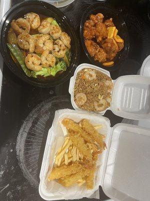 Fried Shrimp , Orange  Chicken  and Spicy Shrimp  with mixed Vegetables .