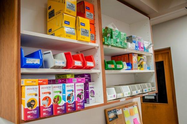 We are stocked for your flea, tick, and heart-worm needs. (Not all products are in this photo, we carry much more).