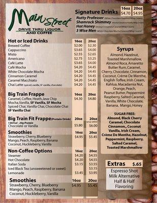 Main Street Drive Thru Coffee Menu