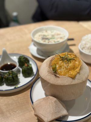 Veggie Dumplings + Tom Kha Gai + Shrimp Coconut Curry