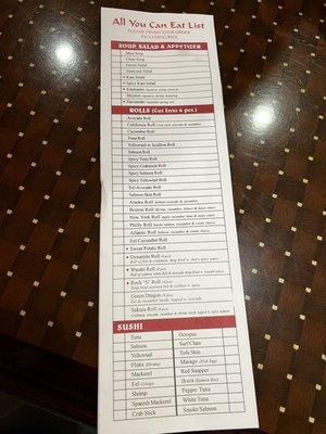 all you can eat sushi menu