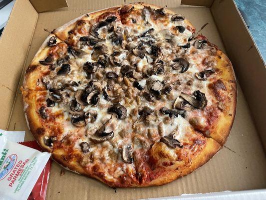 Small sausage and mushroom pizza