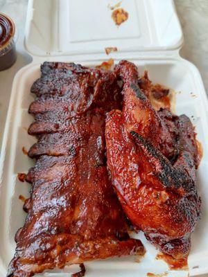 Half rack of ribs and half bbq chicken