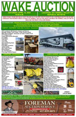 UPCOMING AUCTION
Sat. April 13, 2024 @ 10 AM