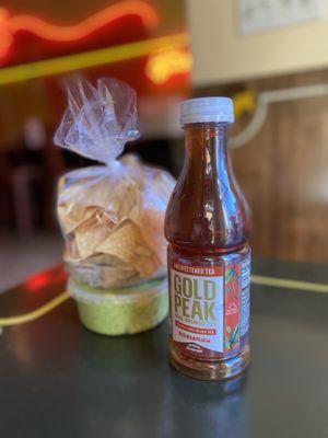 Only bottled drinks (non-alcoholic); chips & guac