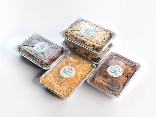 Prepared casseroles, turkey meatballs, tofu-cashew "meatballs" and macaroni and cheese available in our freezer for you to make at home.