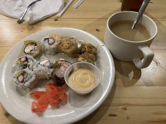 Sushi with yumyum sauce & Miso soup