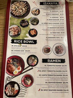 Menu: Izakaya (appetizers), Rice bowl & ramen