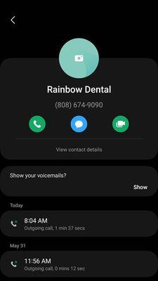 Call log with Rainbow Dental