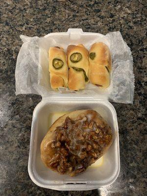 Sausage, Cheese, and Jalapeño kolaches with a Pecan Sticky Bun Roll