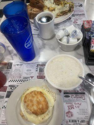 Biscuit sandwich, cheese grits, the mess