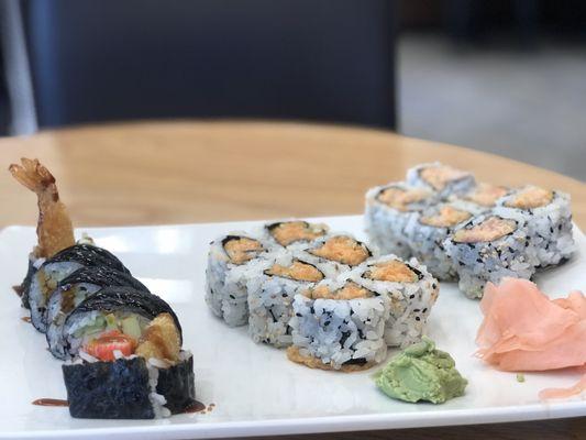 Spicy shrimp, spicy yellowtail, and shrimp tempura rolls