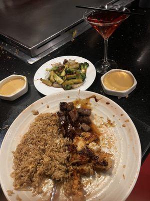 Fried rice with Hibachi Filet Mignon and Lobster and a pomegranate martini