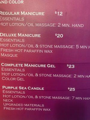 Misleading price menu.  The cashier charged me $35 for a gel manicure when the sign clearly says $23.