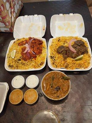 Boneless chicken biryani, goat special biryani and karaikudi chicken curry.