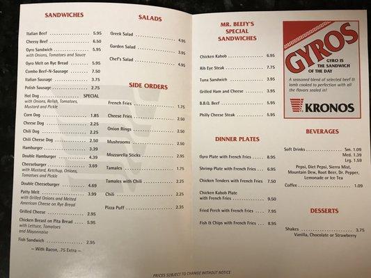 Menu on Oct 1, 2017. Hot dog "special" was $1.27