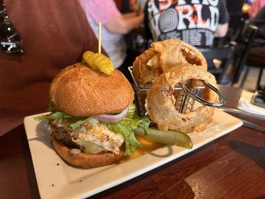 Make your own burger with fried egg, and Carolina Red Onion Rings