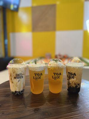 Honey jasmine milk tea, canary, sunrise, grass jelly milk tea with boba