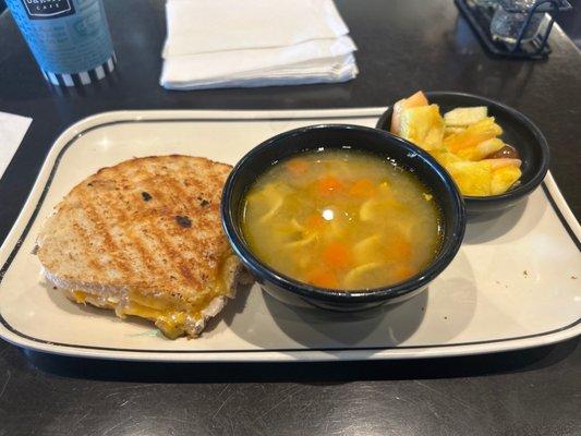 Green Chili Panini with chicken noodle soup and fruit!