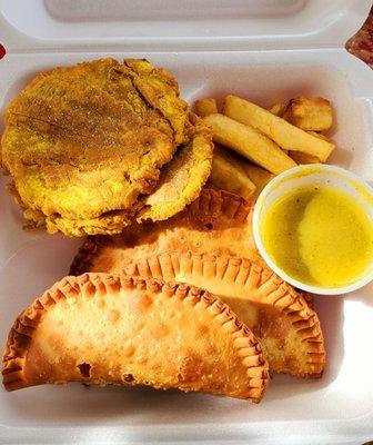 Lunch or dinner special: 3 empanadas, and two sides with soda $11.05. Got a beef, pork,and a veg. Yuca fries, and Maduro. Really delicious.