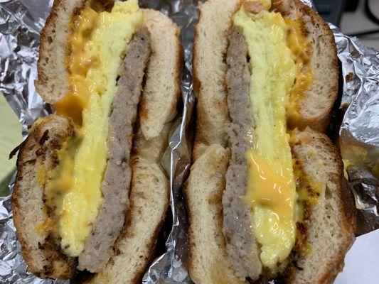 Sausage , Egg & Cheese Sandwich on plain bagel