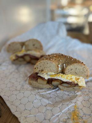 Turkey Bacon Egg & Cheese (~$7): on an everything whole wheat bagel (scooped out) (+$1) with breakfast potatoes (+$1)