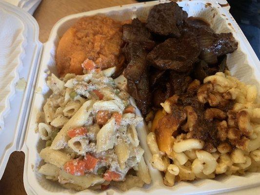 Large Pepper Steak Dinner Combo Plate with rasta pasta, Candied Yams,  Baked Mac & Cheese with oxtail gravy