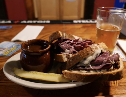 Hot Pastrami Sandwich, Boston Baked Beans, Pickle