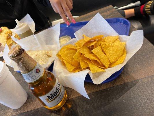 Burrito, chips and queso