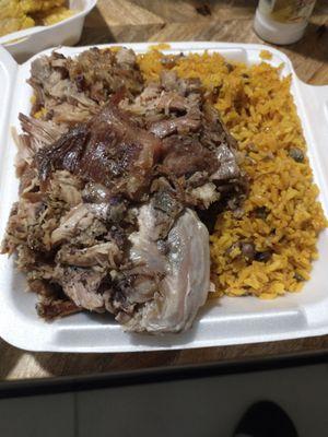 $9 gets you all of this! Roast pork and rice. So tasty!