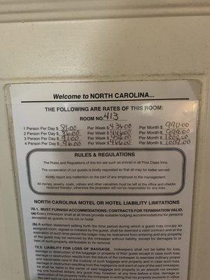 The rates that are on the door in EVERY hotel room here but they are NOT charging these rates. They're charging more