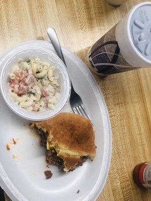 Chili cheese burger and macaroni salad