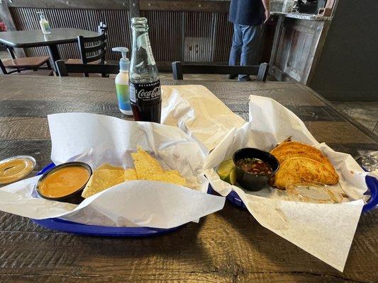 Barria Tacos, Mexican coke, small spicy chips and queso.