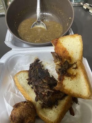 Hush puppies beef rib sandwich and chicken and NO a sausage gumbo