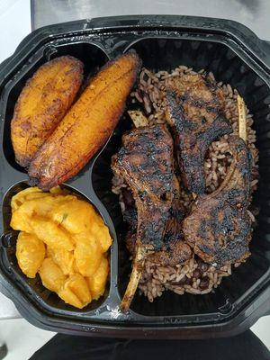 Lamb chops, rice and peas mac n cheese, and plantains