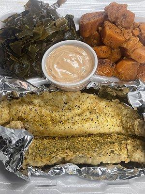 Lemon pepper fried fish, greens, yams