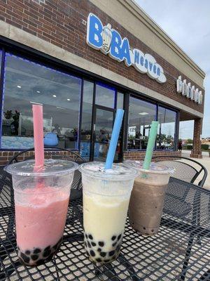 Strawberry frozen with tapioca. Coconut pineapple frozen with tapioca. Chocolate frozen with tapioca.